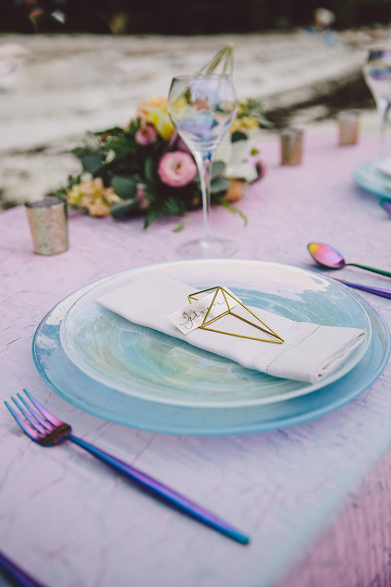Opaline plates and iridescent tableware with calligraphy geometric place settings designed by Victoria BC wedding stylist Party Mood.