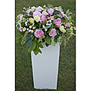 White wood pedestal box for florals from Party Mood wedding decor rentals.